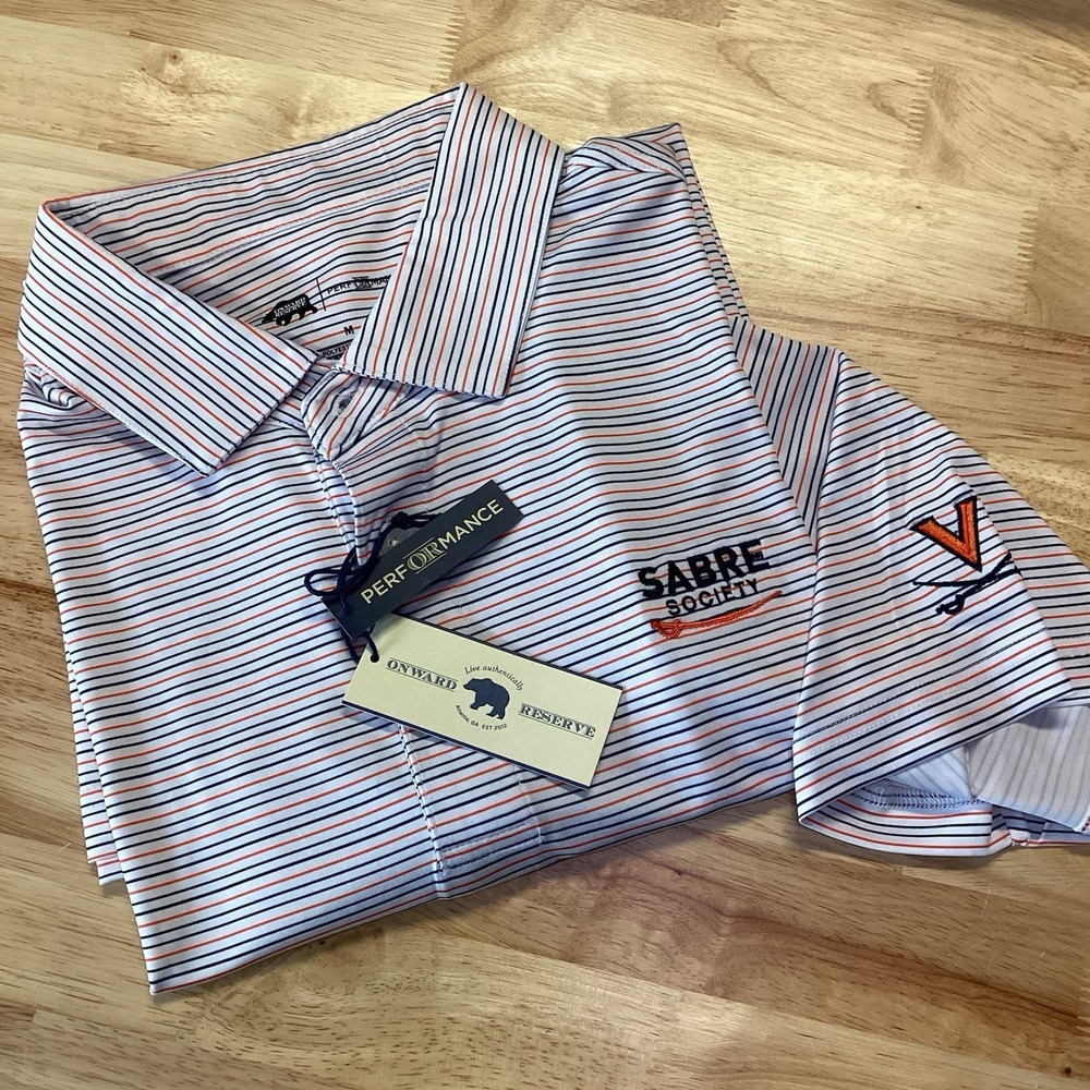 Sabre Society Men's Performance Stripe Polo in White/Blue/Orange